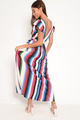 White Green And Blue Plunge Wrap Belted Maxi Dress - Carri