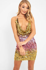 Multi Sequin Halter Cowl Neck Backless Mini Dress - Chloee
