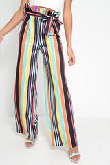 Multi Stripe Paper Bag Tie Waist Wide Leg Trousers - Kennedy