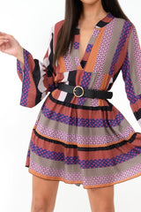 Multi Plunge Aztec Flute Sleeve Shift Dress - Olesya