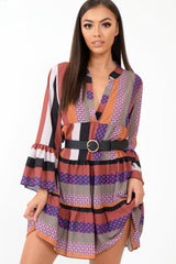 Multi Plunge Aztec Flute Sleeve Shift Dress - Olesya