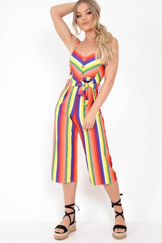 Multi Stripe Button Front Tie Waist Jumpsuit - Tavi