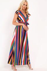 Multi Stripe Wrap Frill Sleeve Maxi Dress - Hyacinth