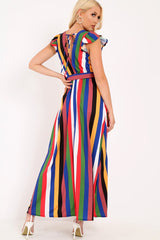 Multi Stripe Wrap Frill Sleeve Maxi Dress - Hyacinth