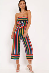 Multi Stripe Bardot Ruffle Culotte Jumpsuit - Yalaina
