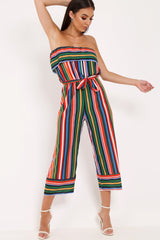 Multi Stripe Bardot Ruffle Culotte Jumpsuit - Yalaina