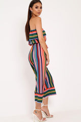 Multi Stripe Bardot Ruffle Culotte Jumpsuit - Yalaina