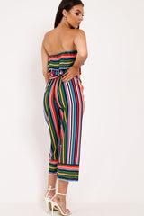 Multi Stripe Bardot Ruffle Culotte Jumpsuit - Yalaina