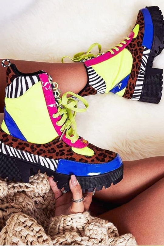 Multi Neon Animal Print Military Style Lace Up Boots - Inari