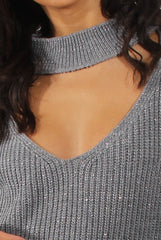 Grey Sparkle Knitted Cut Out Front Jumper - Meri