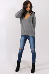 Grey Sparkle Knitted Cut Out Front Jumper - Meri