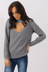 Grey Sparkle Knitted Cut Out Front Jumper - Meri