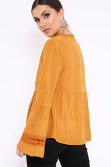 Mustard Crochet Detail Plunge Front Smock Top - Miya
