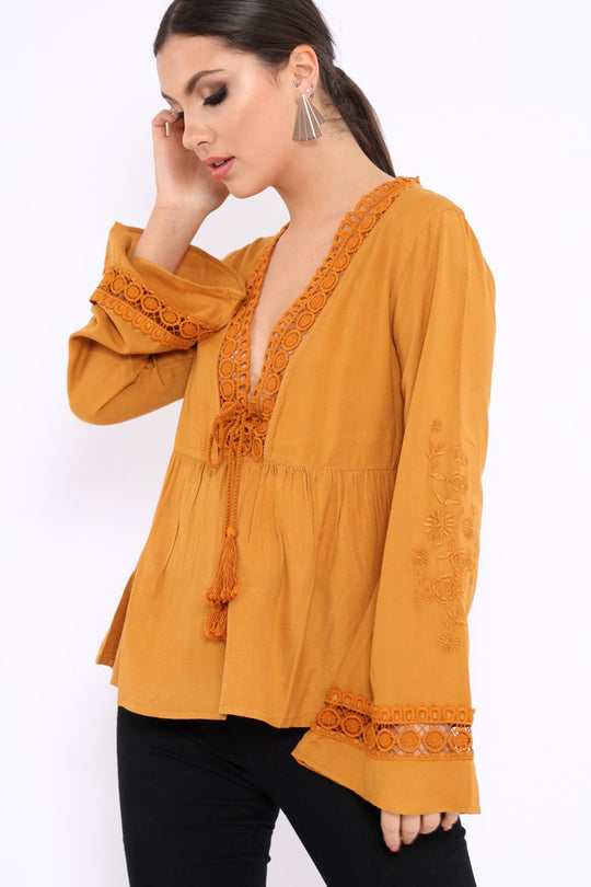 Mustard Crochet Detail Plunge Front Smock Top - Miya