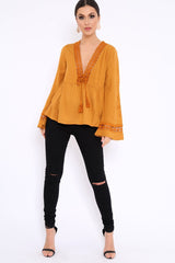 Mustard Crochet Detail Plunge Front Smock Top - Miya