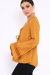 Mustard Crochet Detail Plunge Front Smock Top - Miya
