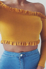 Mustard Ribbed Frill Bardot Crop Top - Cassidy
