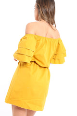 Mustard Bardot Dress with Ruffled Sleeves - Breena