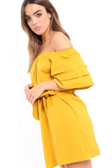 Mustard Bardot Dress with Ruffled Sleeves - Breena