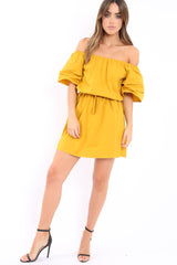 Mustard Bardot Dress with Ruffled Sleeves - Breena