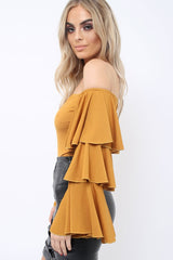 Mustard Bardot Top with Frill Sleeves - Brigid