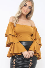 Mustard Bardot Top with Frill Sleeves - Brigid