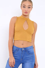 Mustard Ribbed High Neck Crop Top - Kamira