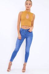 Mustard Ribbed High Neck Crop Top - Kamira