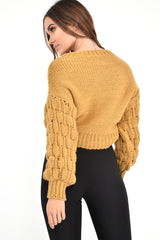 Mustard Chunky Knit Sleeve Detail Cropped Jumper - Danyela