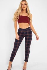 Navy Check High Waist Slim Fit Trousers - Sashya