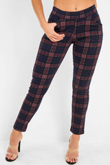 Navy Check High Waist Slim Fit Trousers - Sashya