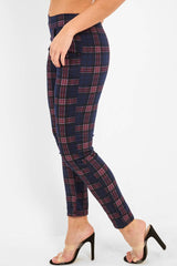 Navy Check High Waist Slim Fit Trousers - Sashya