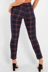 Navy Check High Waist Slim Fit Trousers - Sashya