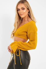 Mustard Plunge Sleeve Detail Crop Jumper - Ivree