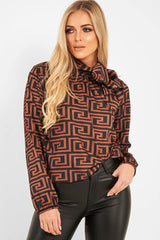 Brown Aztec Print Satin Long Sleeve Bow Shirt - Abrah