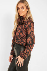Brown Aztec Print Satin Long Sleeve Bow Shirt - Abrah