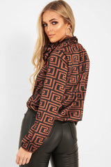 Brown Aztec Print Satin Long Sleeve Bow Shirt - Abrah