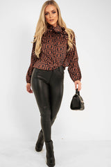 Brown Aztec Print Satin Long Sleeve Bow Shirt - Abrah