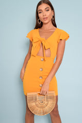 Mustard Tie Button Front Bodycon Dress - Aaira