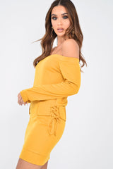 Mustard Lace Up detail Bardot Jumper Dress - Aarna