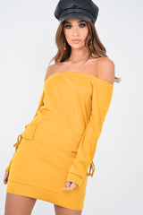 Mustard Lace Up detail Bardot Jumper Dress - Aarna