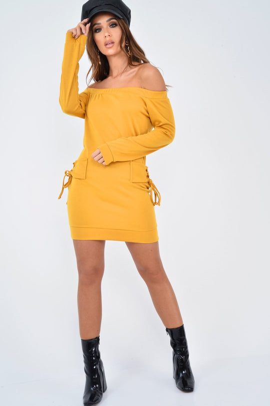 Mustard Lace Up detail Bardot Jumper Dress - Aarna
