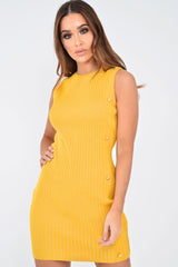 Mustard Button Front Knitted Jumper Dress - Adalei