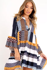 Mustard And Blue Plunge Aztec Flute Sleeve Shift Dress - Olesya