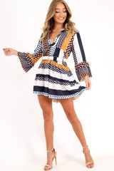 Mustard And Blue Plunge Aztec Flute Sleeve Shift Dress - Olesya