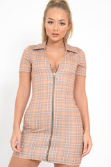Mustard Check Plunge Zip Mini Dress - Arelys