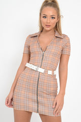 Mustard Check Plunge Zip Mini Dress - Arelys