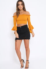 Mustard Bardot Frill Crop Top with Flared Sleeves - Tiffy
