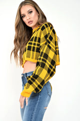 Mustard Check Batwing Crop Knit Jumper - Marisa