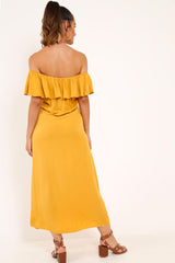 Mustard Bardot Frill Button Front Midi Dress - Clancy